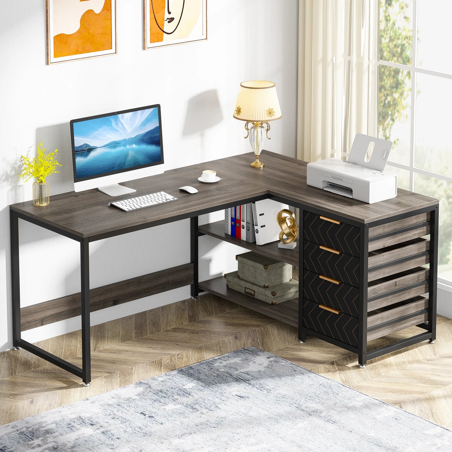 L Shaped Computer Desk with Storage Drawers, 59 Inch Corner Desk with Shelves, Reversible L-Shaped Office Desk Study