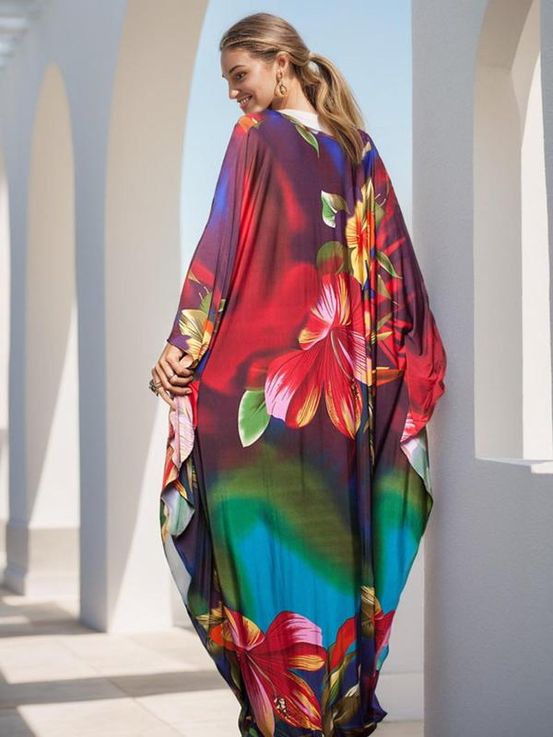 【Plus Size】 All over Print Batwing Sleeve Kaftan Dress, Boho V Neck Split Cover up Dress for Beach Holiday, Muumuu Dress, Dresses for Women, Women'S Clothes for Daily Wear, Moo Moo for Women