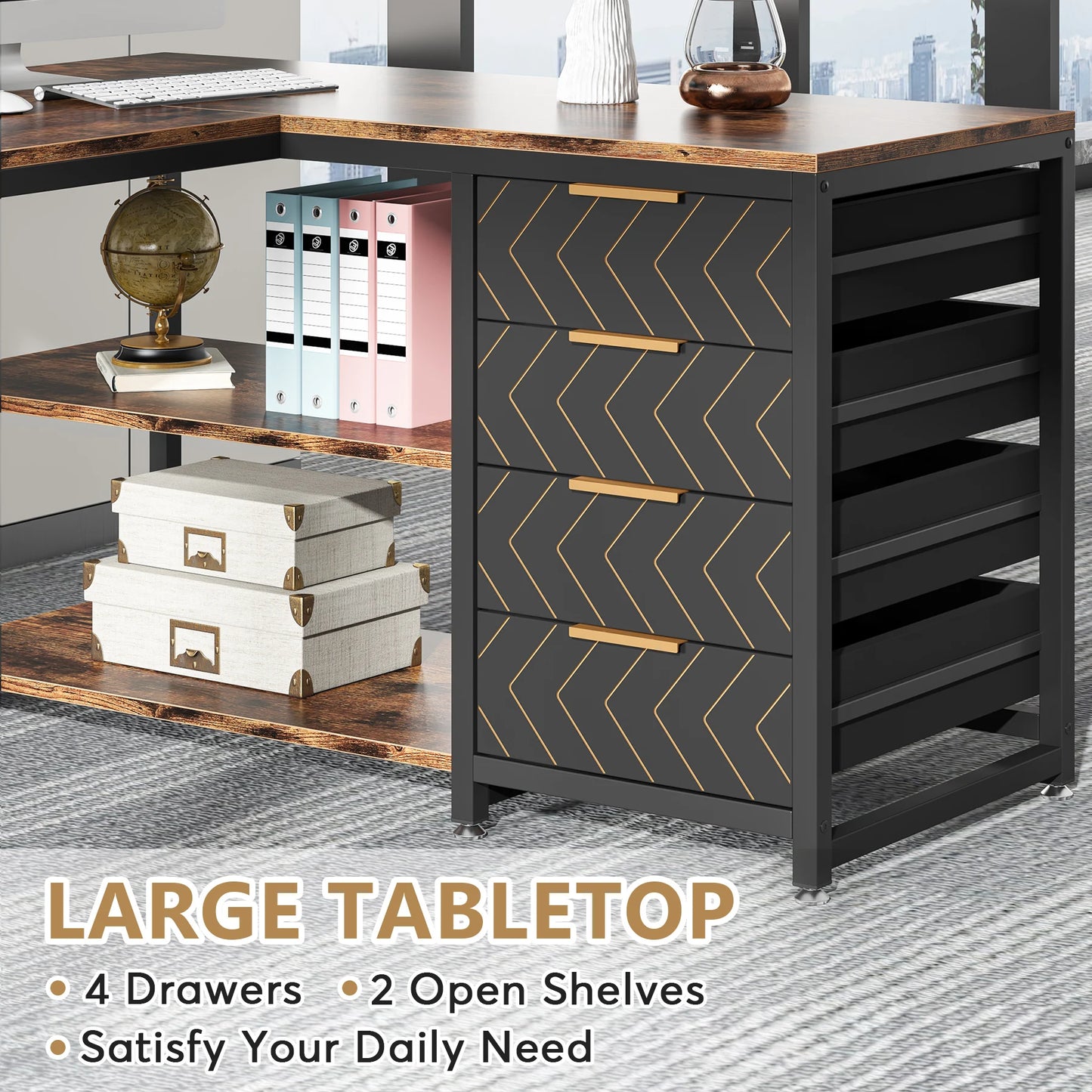 L Shaped Computer Desk with Storage Drawers, 59 Inch Corner Desk with Shelves, Reversible L-Shaped Office Desk Study