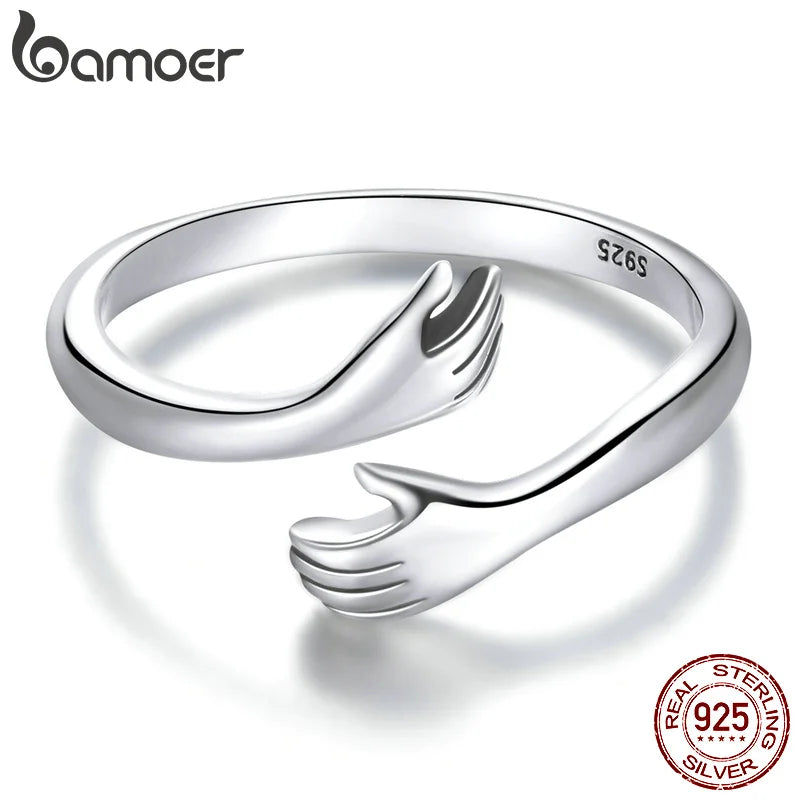 925 Sterling Silver Hug Open Ring Warmth and Love Hand Adjustable for Women Party Jewelry, His Big Loving Family Gift