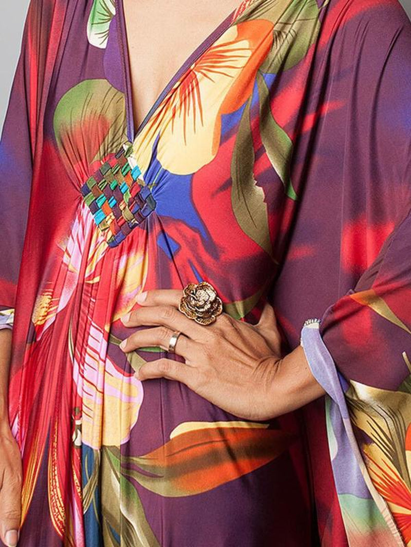 【Plus Size】 All over Print Batwing Sleeve Kaftan Dress, Boho V Neck Split Cover up Dress for Beach Holiday, Muumuu Dress, Dresses for Women, Women'S Clothes for Daily Wear, Moo Moo for Women