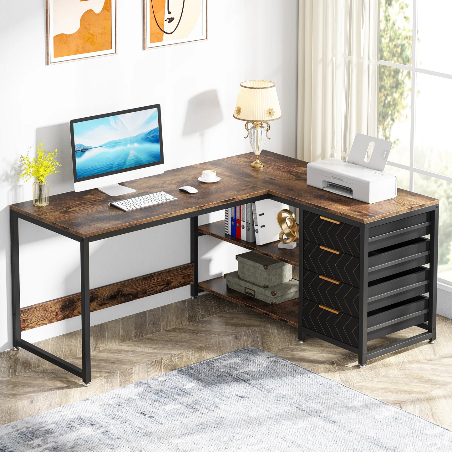 L Shaped Computer Desk with Storage Drawers, 59 Inch Corner Desk with Shelves, Reversible L-Shaped Office Desk Study