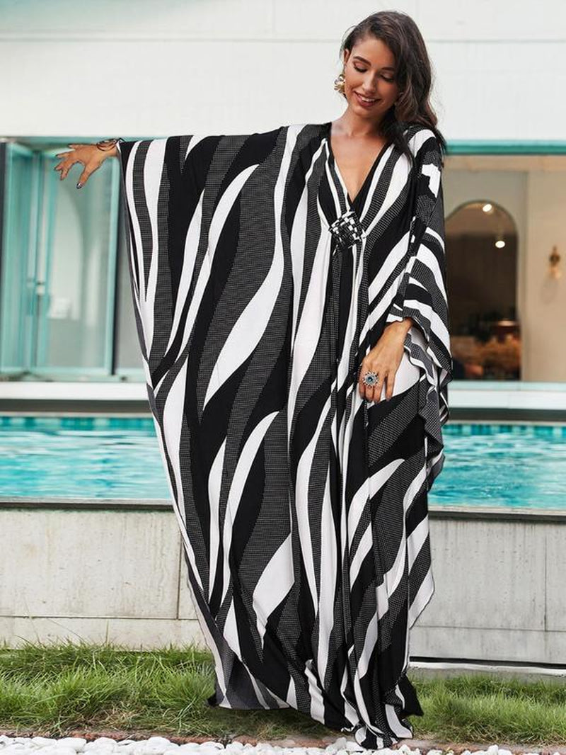 【Plus Size】 All over Print Batwing Sleeve Kaftan Dress, Boho V Neck Split Cover up Dress for Beach Holiday, Muumuu Dress, Dresses for Women, Women'S Clothes for Daily Wear, Moo Moo for Women