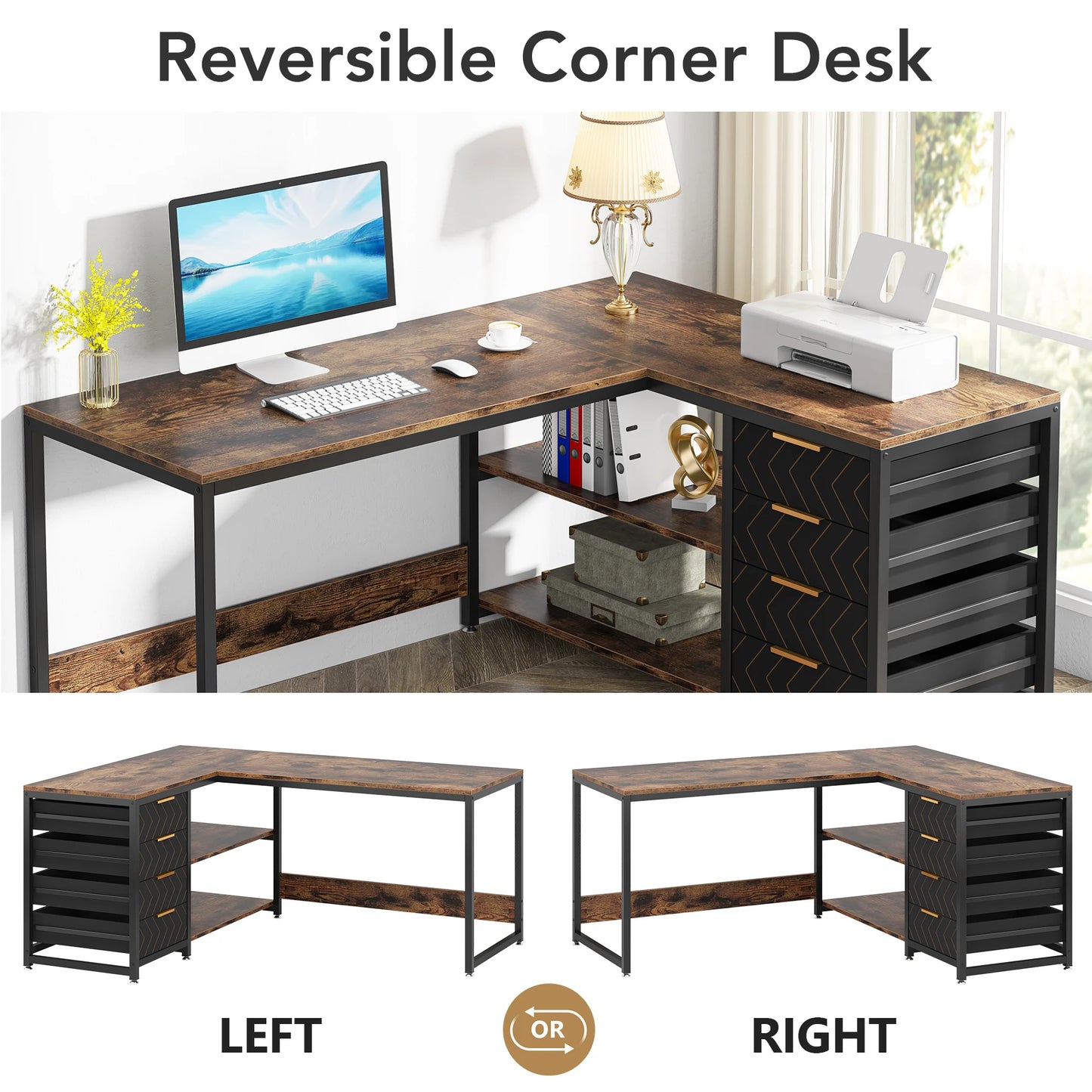 L Shaped Computer Desk with Storage Drawers, 59 Inch Corner Desk with Shelves, Reversible L-Shaped Office Desk Study