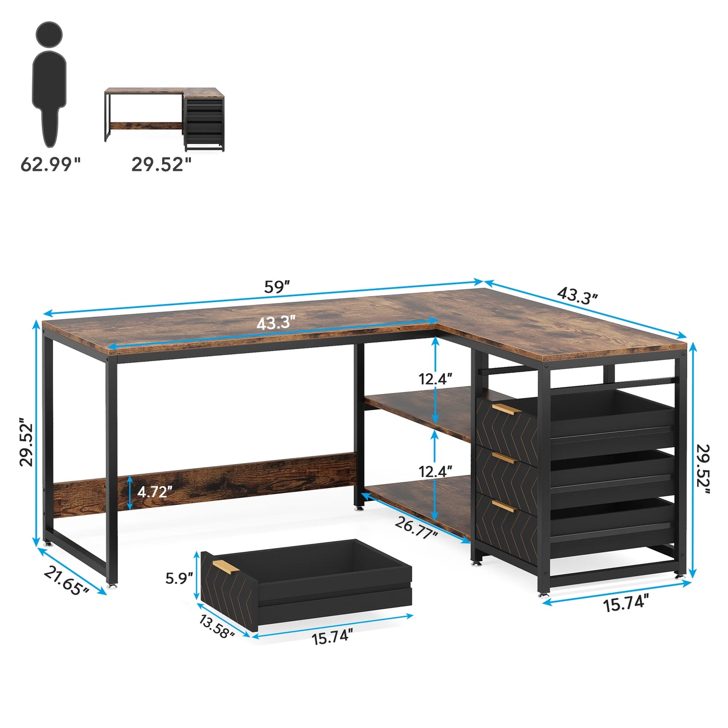 L Shaped Computer Desk with Storage Drawers, 59 Inch Corner Desk with Shelves, Reversible L-Shaped Office Desk Study