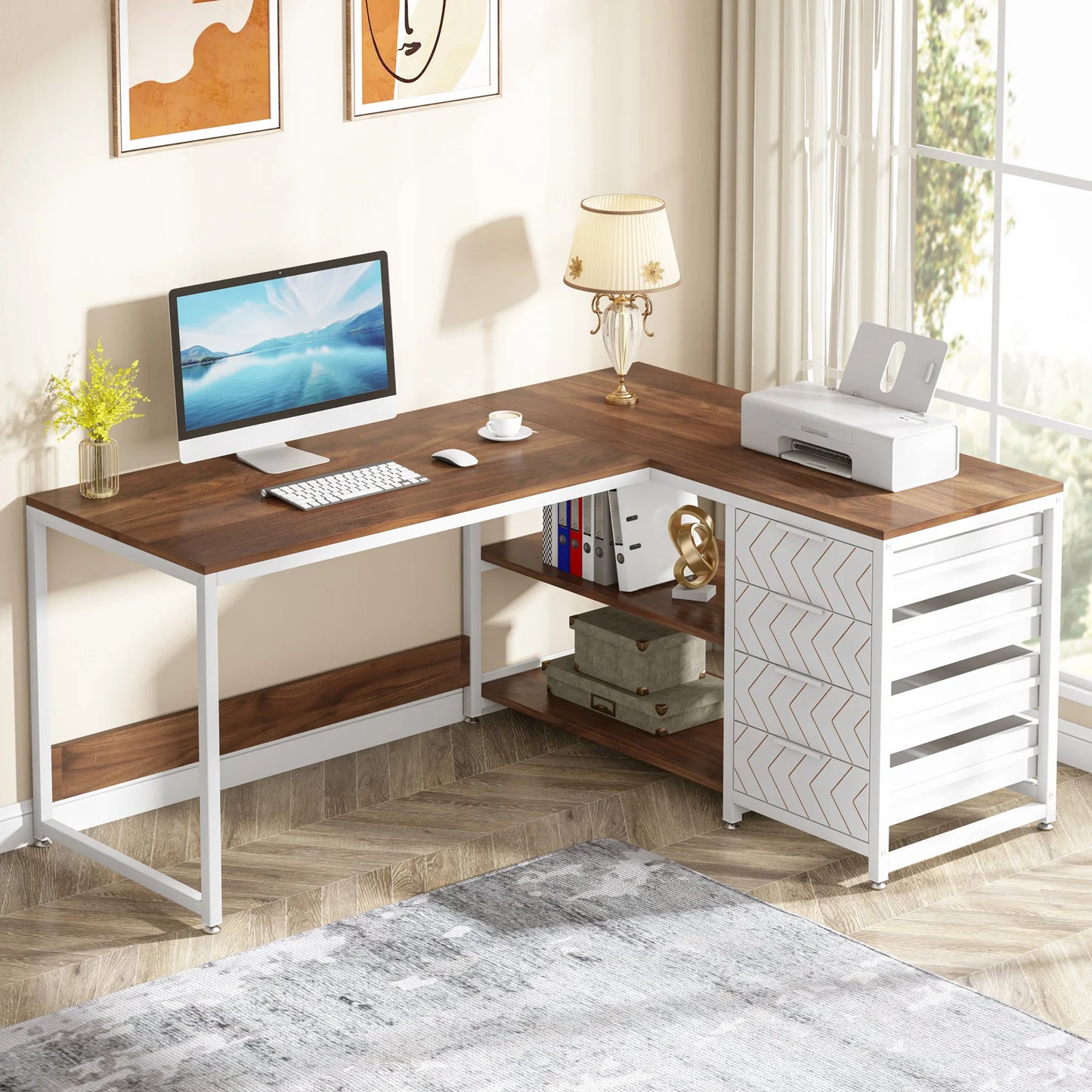 L Shaped Computer Desk with Storage Drawers, 59 Inch Corner Desk with Shelves, Reversible L-Shaped Office Desk Study