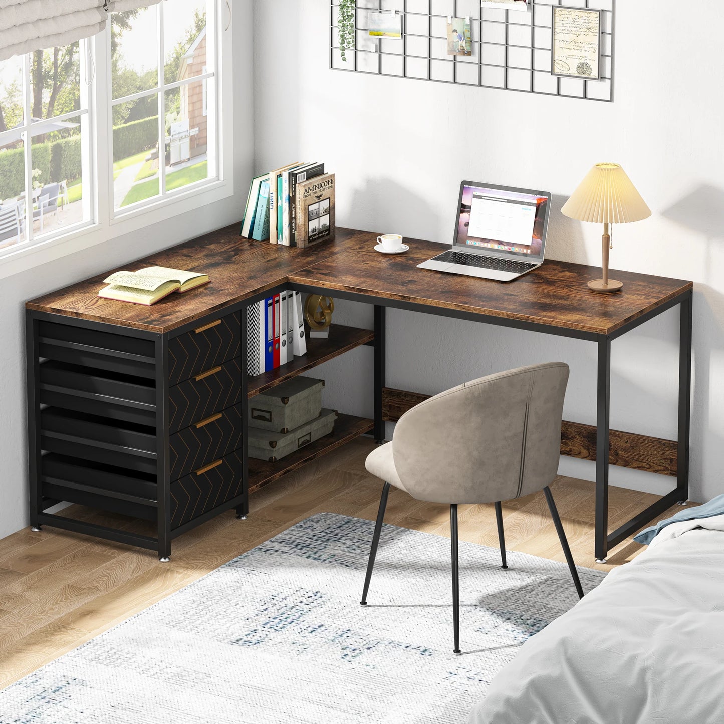 L Shaped Computer Desk with Storage Drawers, 59 Inch Corner Desk with Shelves, Reversible L-Shaped Office Desk Study