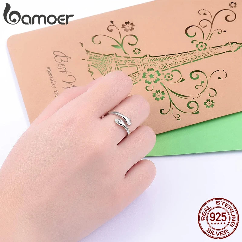 925 Sterling Silver Hug Open Ring Warmth and Love Hand Adjustable for Women Party Jewelry, His Big Loving Family Gift
