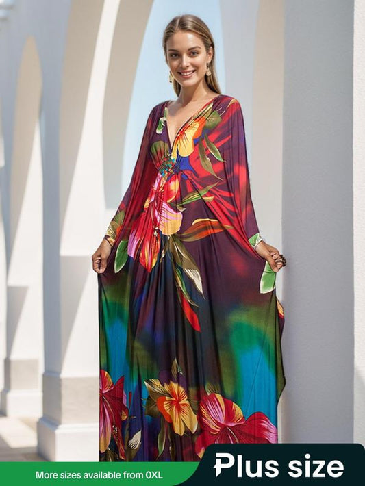 【Plus Size】 All over Print Batwing Sleeve Kaftan Dress, Boho V Neck Split Cover up Dress for Beach Holiday, Muumuu Dress, Dresses for Women, Women'S Clothes for Daily Wear, Moo Moo for Women