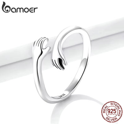 925 Sterling Silver Hug Open Ring Warmth and Love Hand Adjustable for Women Party Jewelry, His Big Loving Family Gift