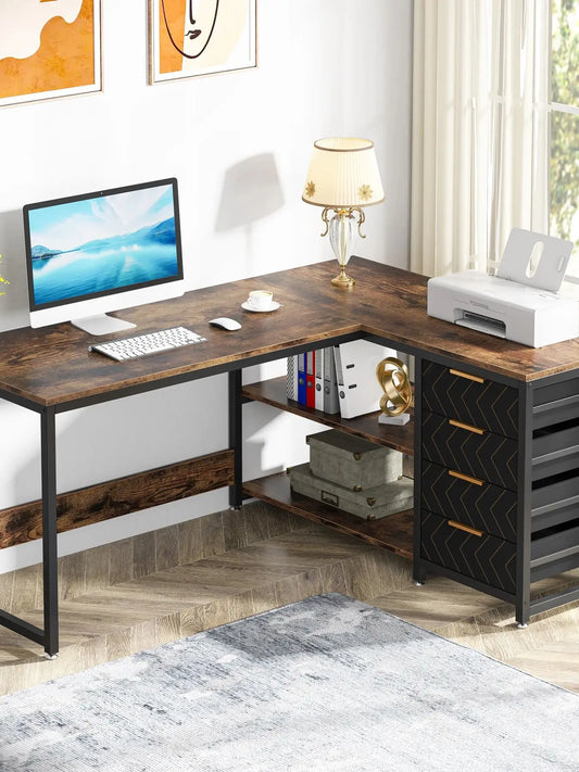 L Shaped Computer Desk with Storage Drawers, 59 Inch Corner Desk with Shelves, Reversible L-Shaped Office Desk Study