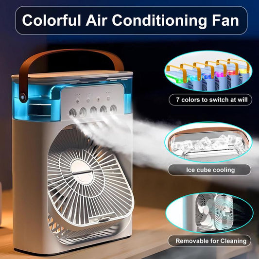 Portable 3 in 1 Air Conditioner Fan, USB Evaporative Cooler Fan, LED Light, 3 Wind Speeds & 3 Spray Modes, Multifunction Fan