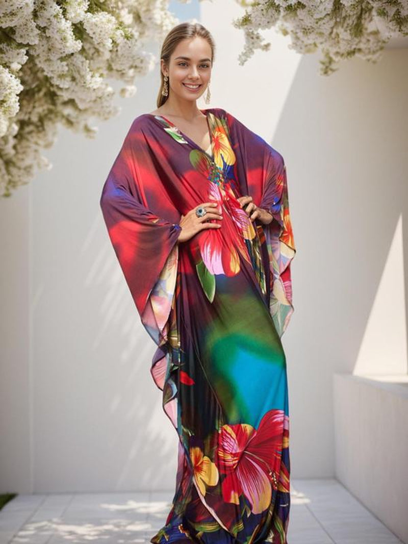 【Plus Size】 All over Print Batwing Sleeve Kaftan Dress, Boho V Neck Split Cover up Dress for Beach Holiday, Muumuu Dress, Dresses for Women, Women'S Clothes for Daily Wear, Moo Moo for Women