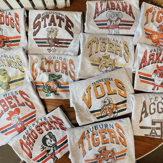 Retro Football College Football Mascot Crewneck Sweatshirt Classic Menswear Tops Cotton Sweaters Sport Fabric Casual Embroidered