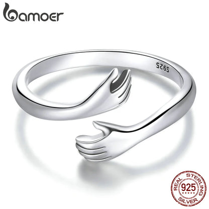 925 Sterling Silver Hug Open Ring Warmth and Love Hand Adjustable for Women Party Jewelry, His Big Loving Family Gift