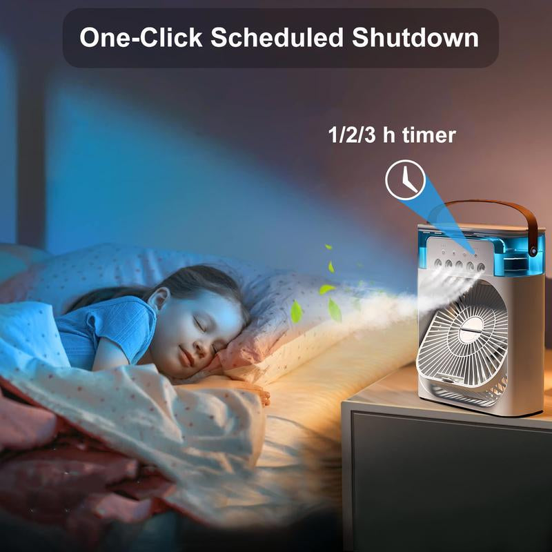 Portable 3 in 1 Air Conditioner Fan, USB Evaporative Cooler Fan, LED Light, 3 Wind Speeds & 3 Spray Modes, Multifunction Fan