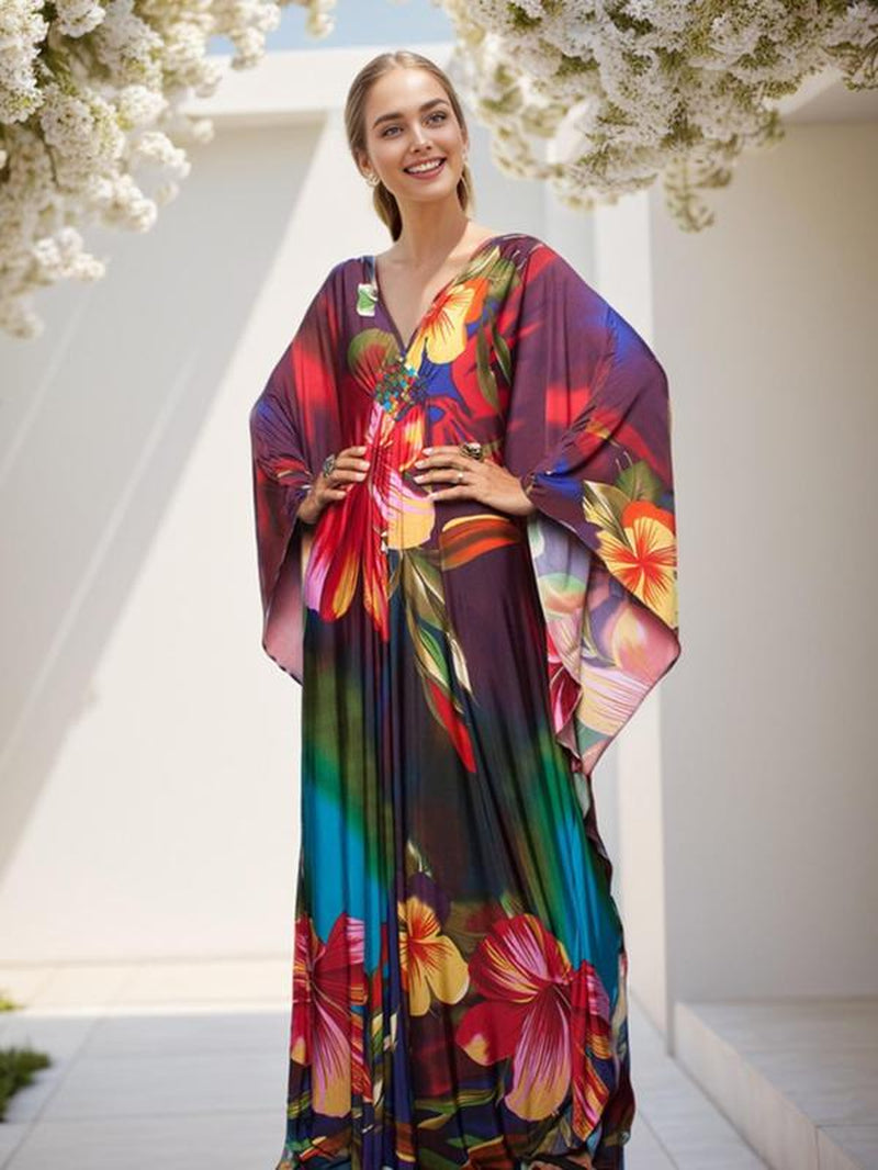 【Plus Size】 All over Print Batwing Sleeve Kaftan Dress, Boho V Neck Split Cover up Dress for Beach Holiday, Muumuu Dress, Dresses for Women, Women'S Clothes for Daily Wear, Moo Moo for Women