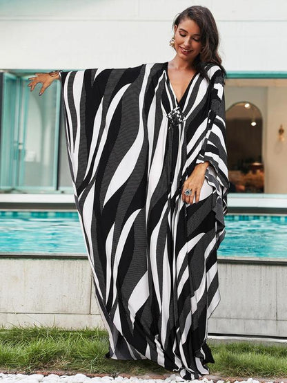【Plus Size】 All over Print Batwing Sleeve Kaftan Dress, Boho V Neck Split Cover up Dress for Beach Holiday, Muumuu Dress, Dresses for Women, Women'S Clothes for Daily Wear, Moo Moo for Women